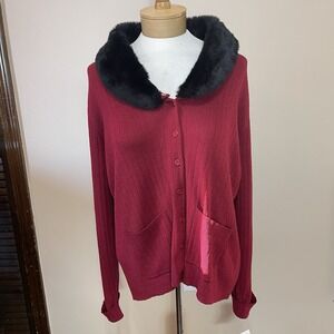 Emma James Women's Cardigan Size XL Red Sweater Faux Fur Collar Removable